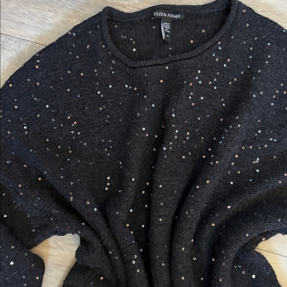 Eileen Fisher Black Knit pull over Sweater with tiny sequins, size large